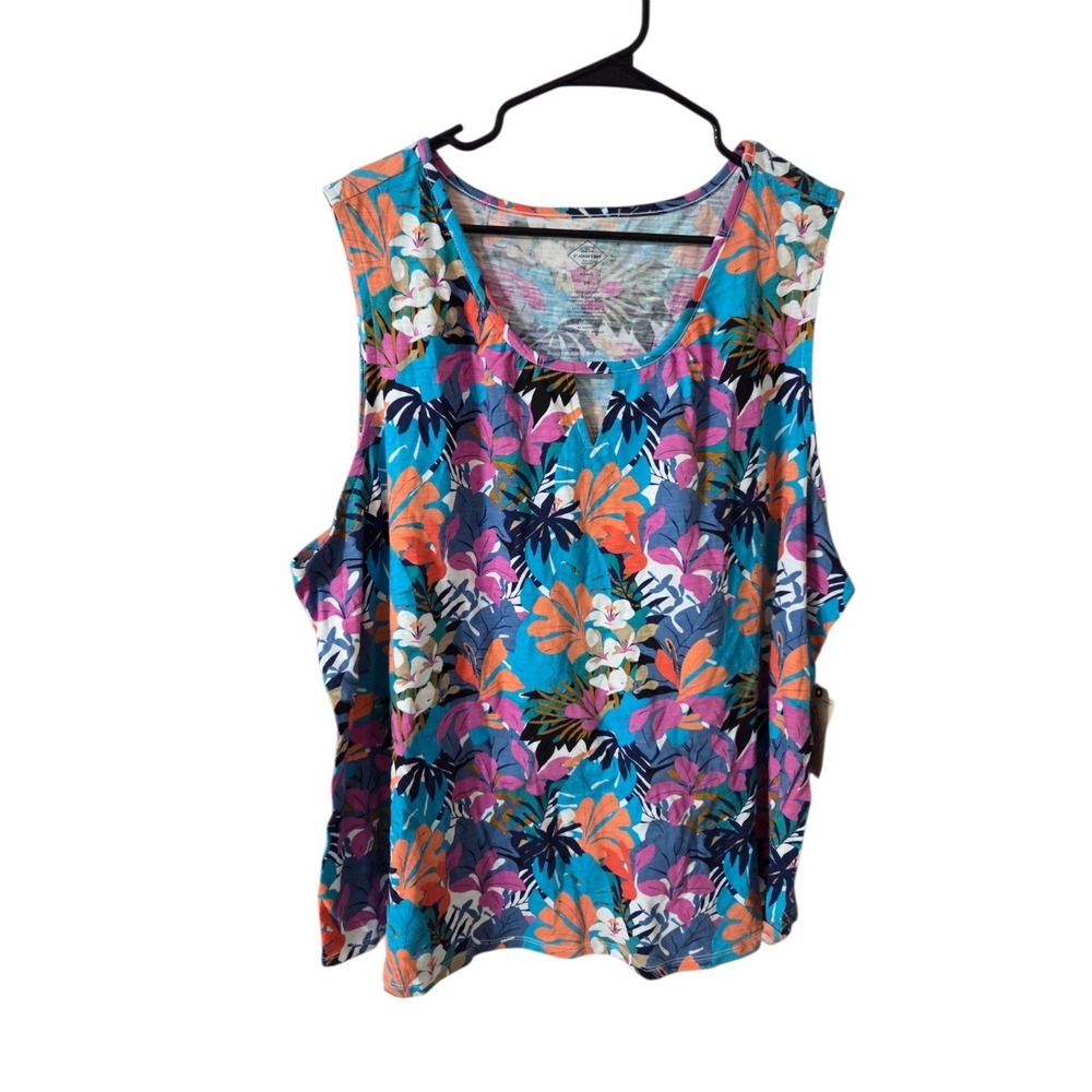 St. John's Bay Multicolored Tropical Cotton Tank Top Keyhole Relaxed 2X NWT